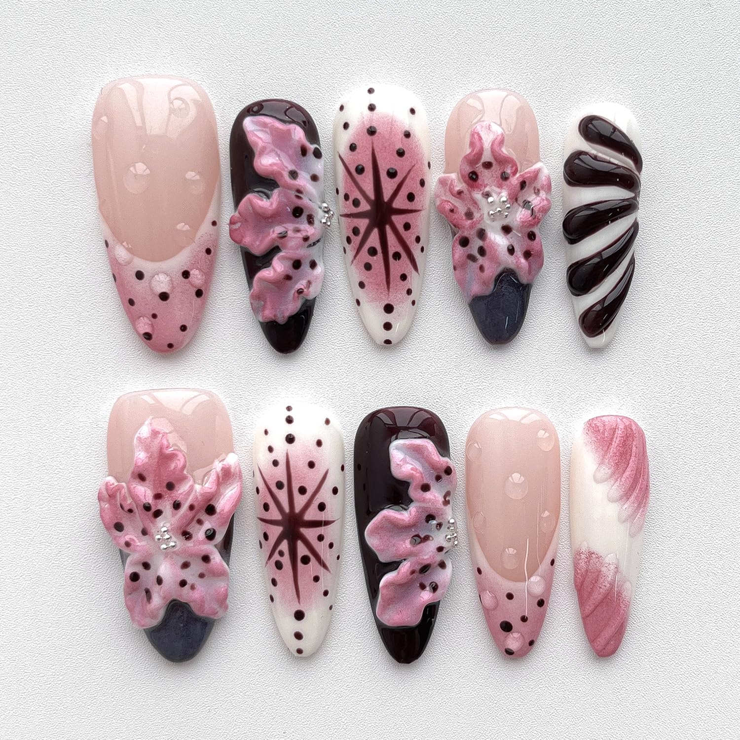 BRKYKGK Handmade Almond Medium Press-On Nails – 3D Floral & French Tip (10 Pcs)