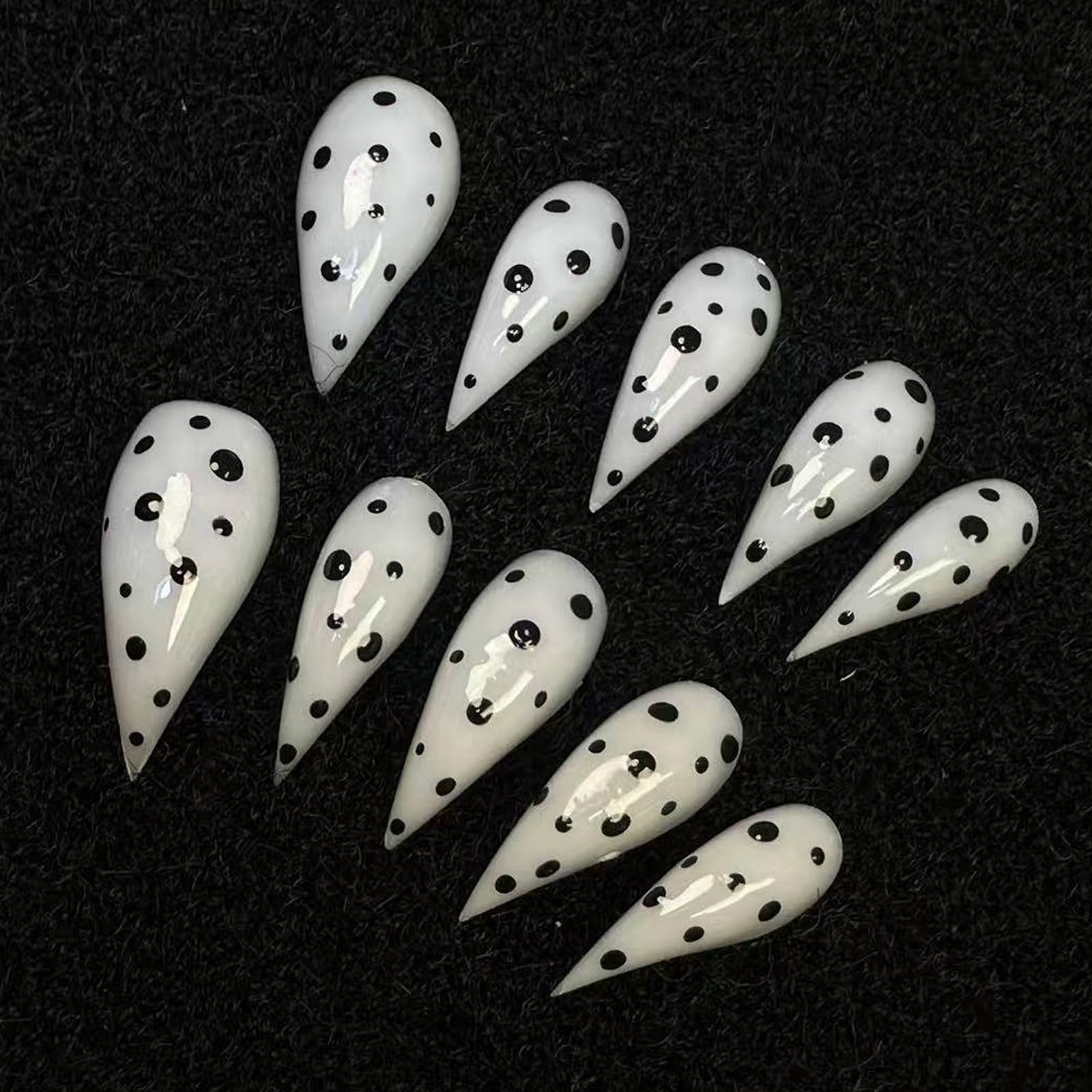 BRKYKGK Handmade Press On Nails – Medium Stiletto Eagle Claw, Black & White Polka Dots, Glossy Glue-On Nails (10 Pcs)