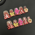 BRKYKGK Handmade Press On Nails – Short Duck Pink French Tip, 3D Floral & Leopard Print Bow Charms | 10 Pcs (M)