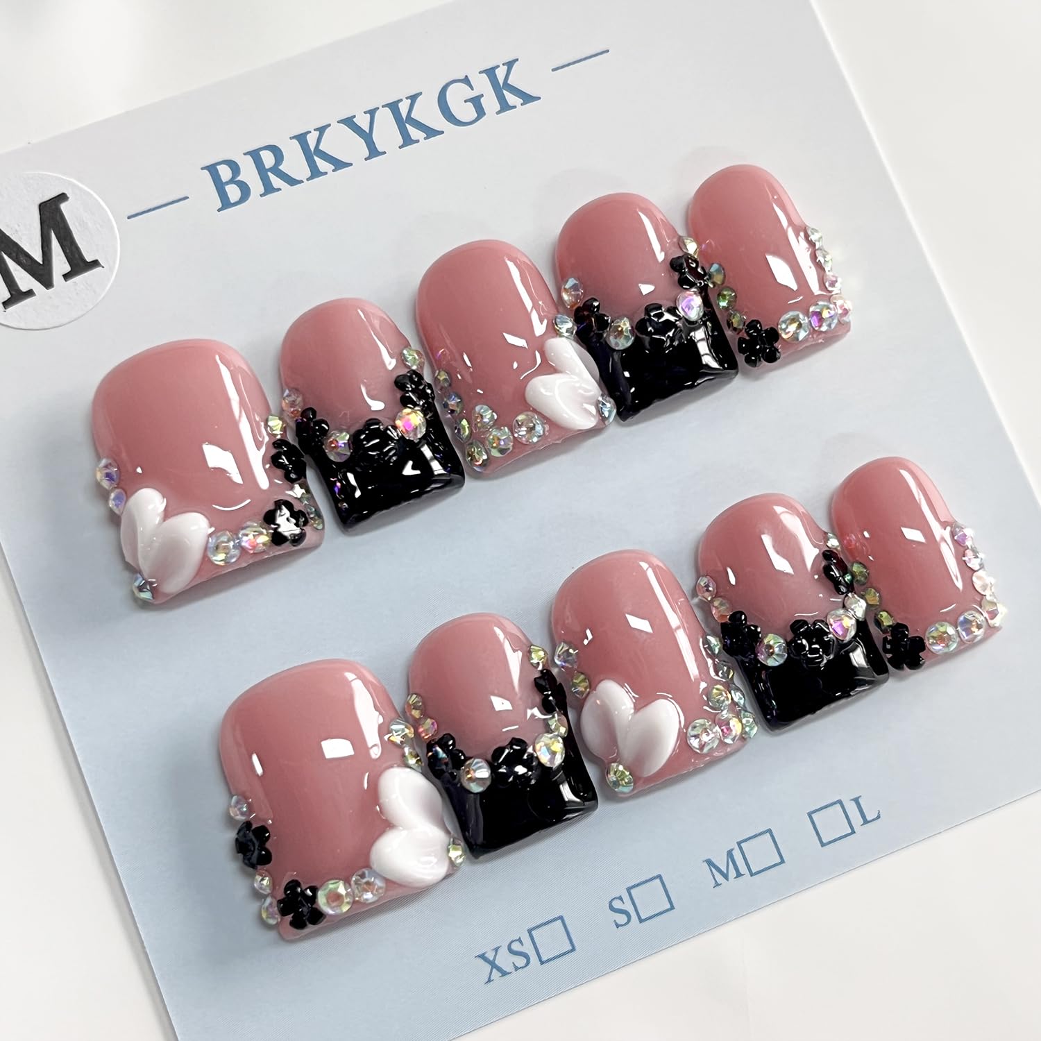 BRKYKGK Black French Tip Press-On Nails – Short Square 3D Floral Design, 10 Pcs (Size S)