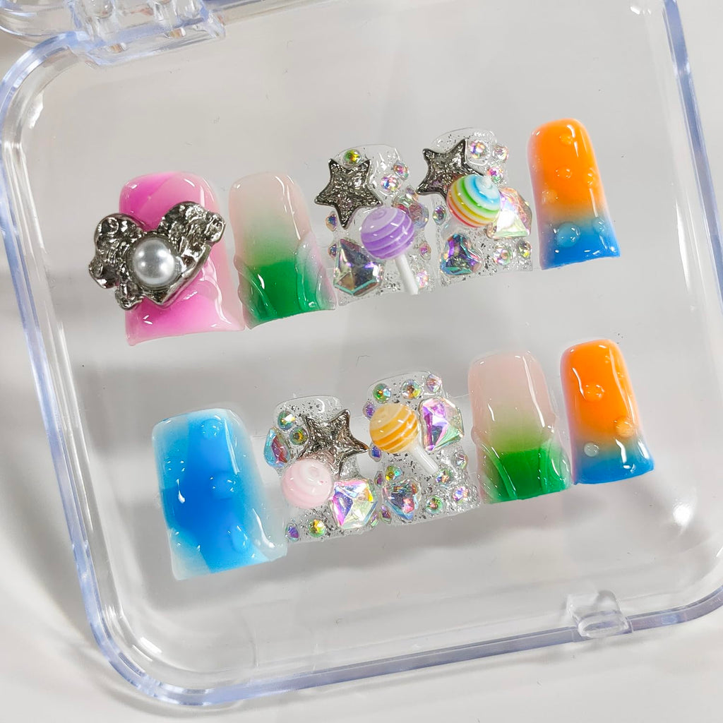 BRKYKGK Handmade Press On Nails – Short Duck 3D Design, French Tip, Candy Stars (10Pcs)