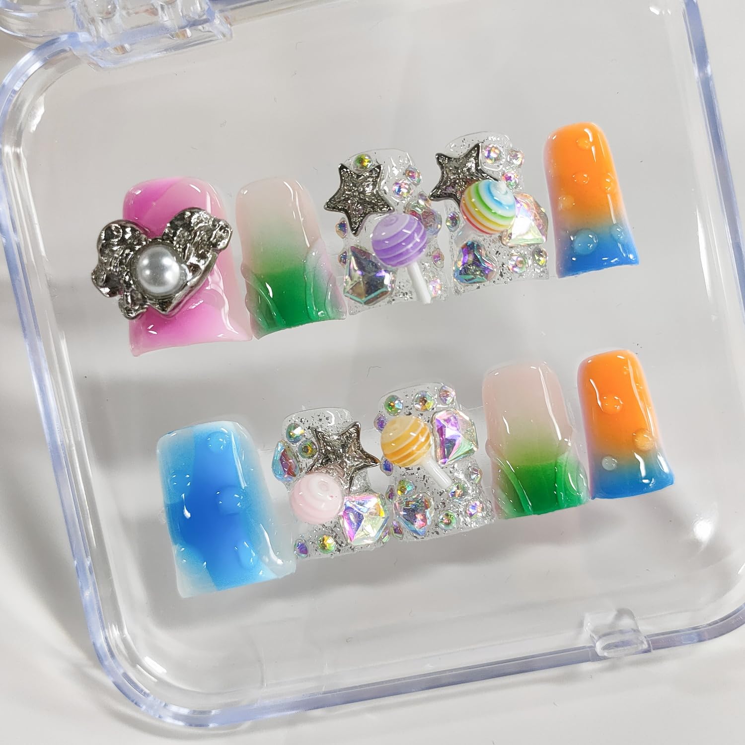 BRKYKGK Handmade Press On Nails – Short Duck 3D Design, French Tip, Candy Stars (10Pcs)