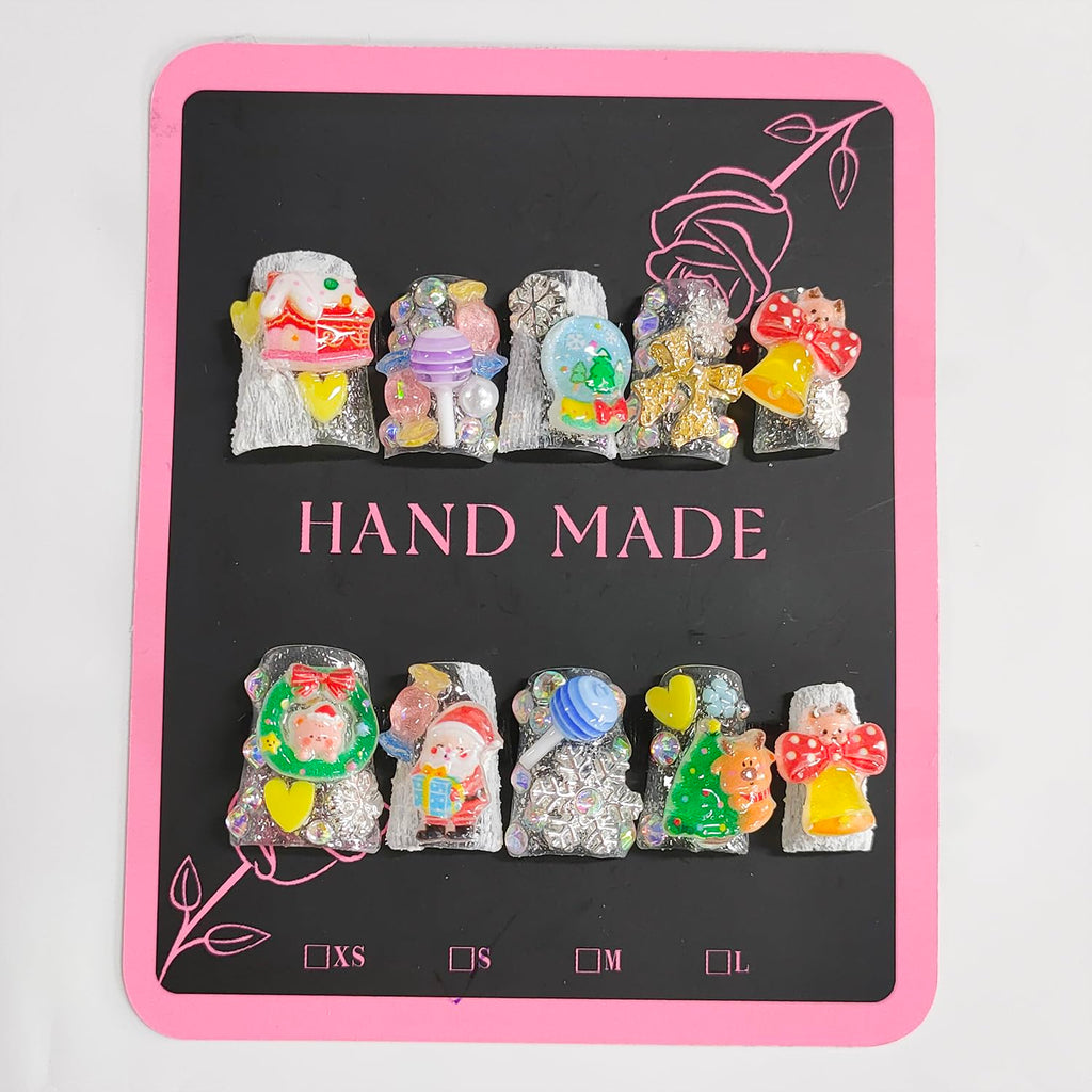 BRKYKGK Christmas Press-On Nails – Short Duck Design with Bow Santa Charms (10 Pcs)