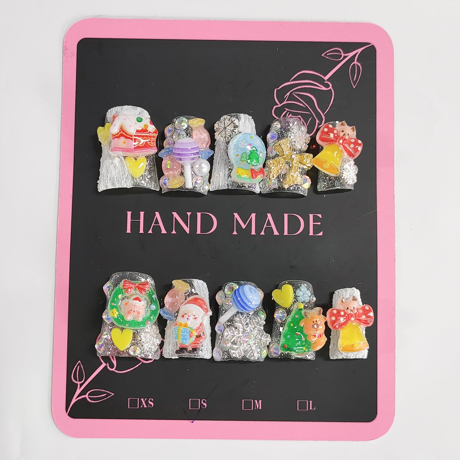 BRKYKGK Christmas Press-On Nails – Short Duck Design with Bow Santa Charms (10 Pcs)