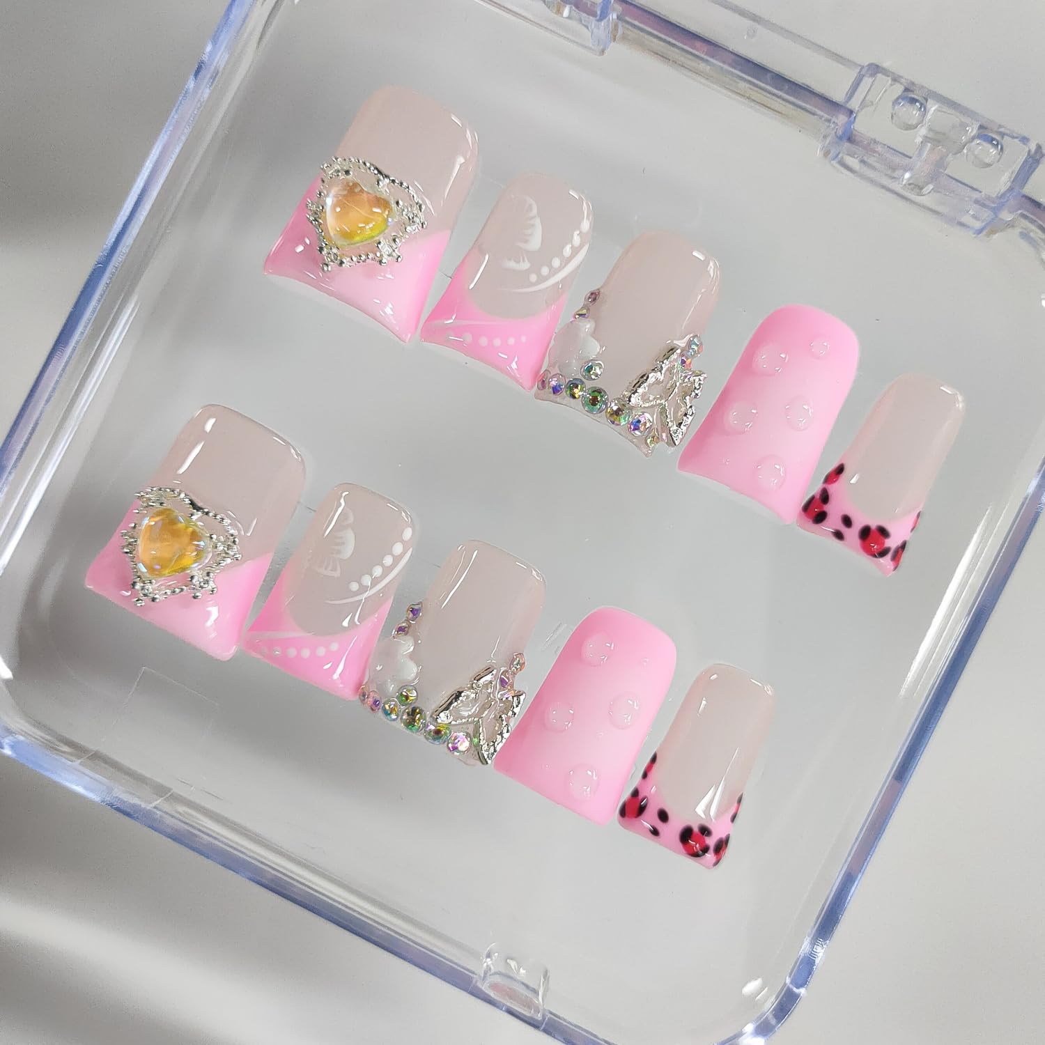 BRKYKGK Handmade Press On Nails – Short Duck 3D Floral French Tip with Hibiscus Rhinestones (10 Pcs)