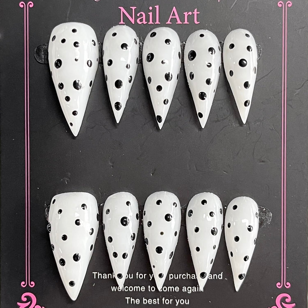 BRKYKGK Handmade Press On Nails – Medium Stiletto Eagle Claw, Black & White Polka Dots, Glossy Glue-On Nails (10 Pcs)