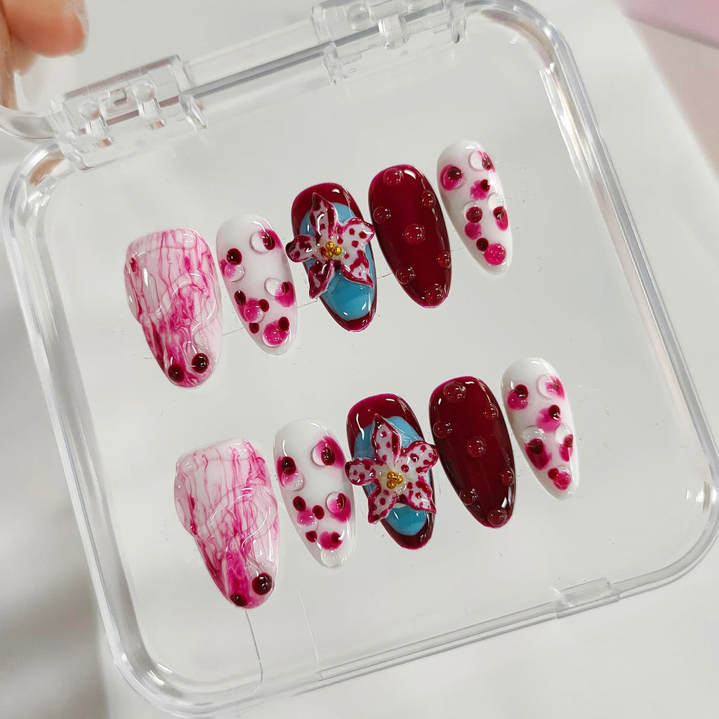 BRKYKGK Handmade Press on Nails Almond Medium – 3D Floral Thick Acrylic False Nails Kit (10 Pcs)