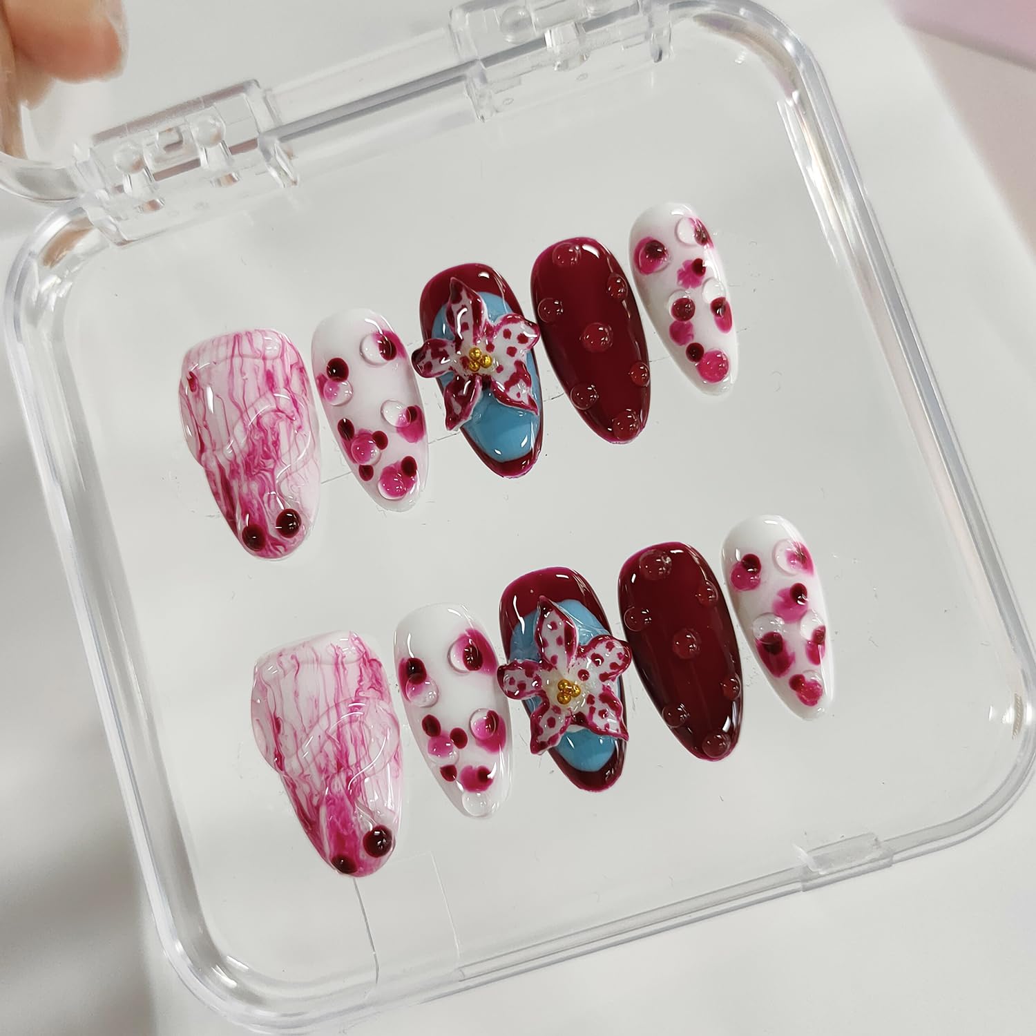 BRKYKGK Handmade Press on Nails Almond Medium – 3D Floral Thick Acrylic False Nails Kit (10 Pcs)