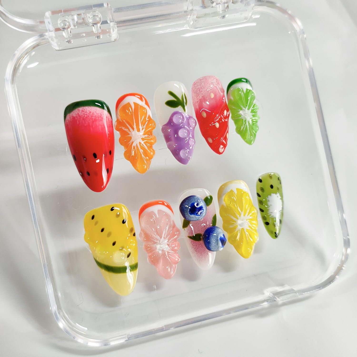 BRKYKGK Handmade Nails – 3D Fruit Almond Press-On Nails | Medium Length, Colorful Summer Nail Art