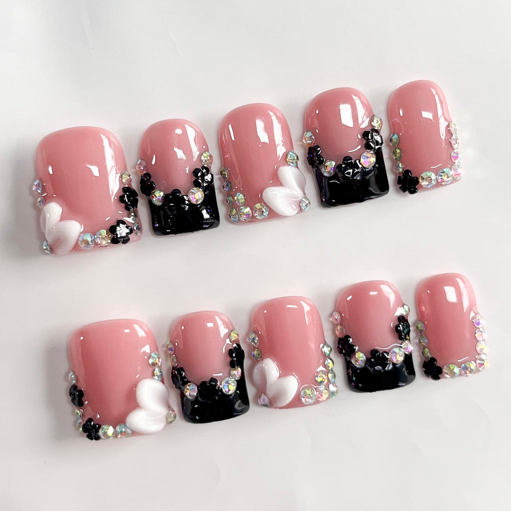 BRKYKGK Black French Tip Press-On Nails – Short Square 3D Floral Design, 10 Pcs (Size S)