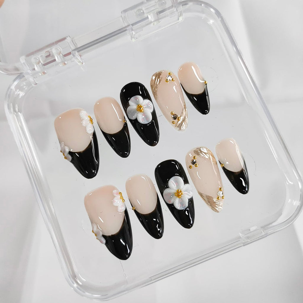 BRKYKGK Handmade Almond Medium Press on Nails - 3D Floral French Tip Kit (10 Pcs)