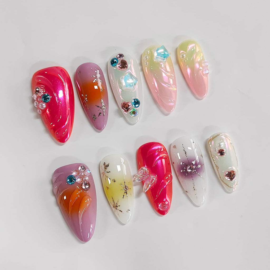 BRKYKGK Handmade Almond Medium Press-On Nails – 3D Thick Acrylic with Butterfly Rhinestones