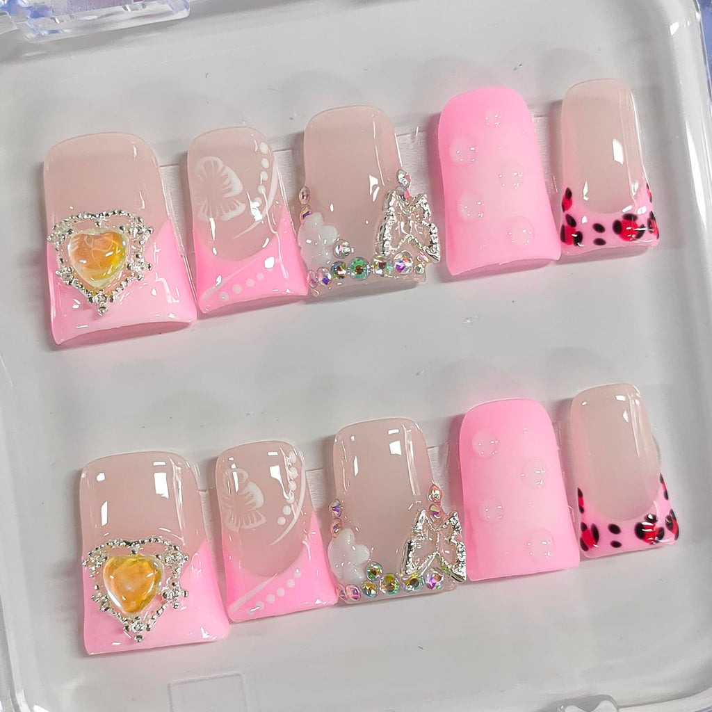 BRKYKGK Handmade Press On Nails – Short Duck 3D Floral French Tip with Hibiscus Rhinestones (10 Pcs)