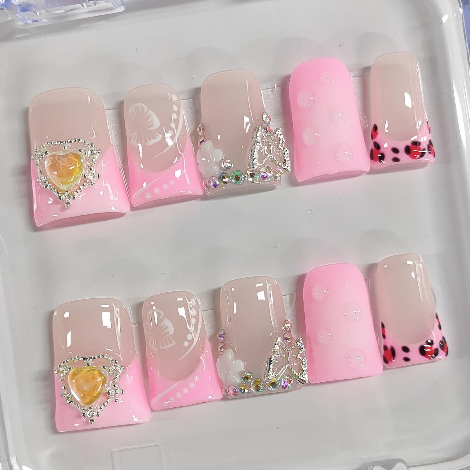 BRKYKGK Handmade Press On Nails – Short Duck 3D Floral French Tip with Hibiscus Rhinestones (10 Pcs)