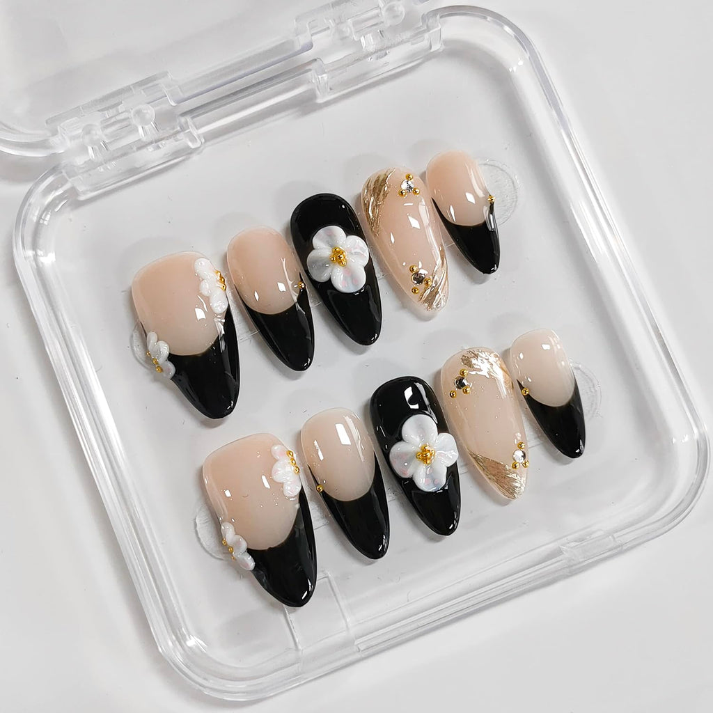 BRKYKGK Handmade Almond Medium Press on Nails - 3D Floral French Tip Kit (10 Pcs)