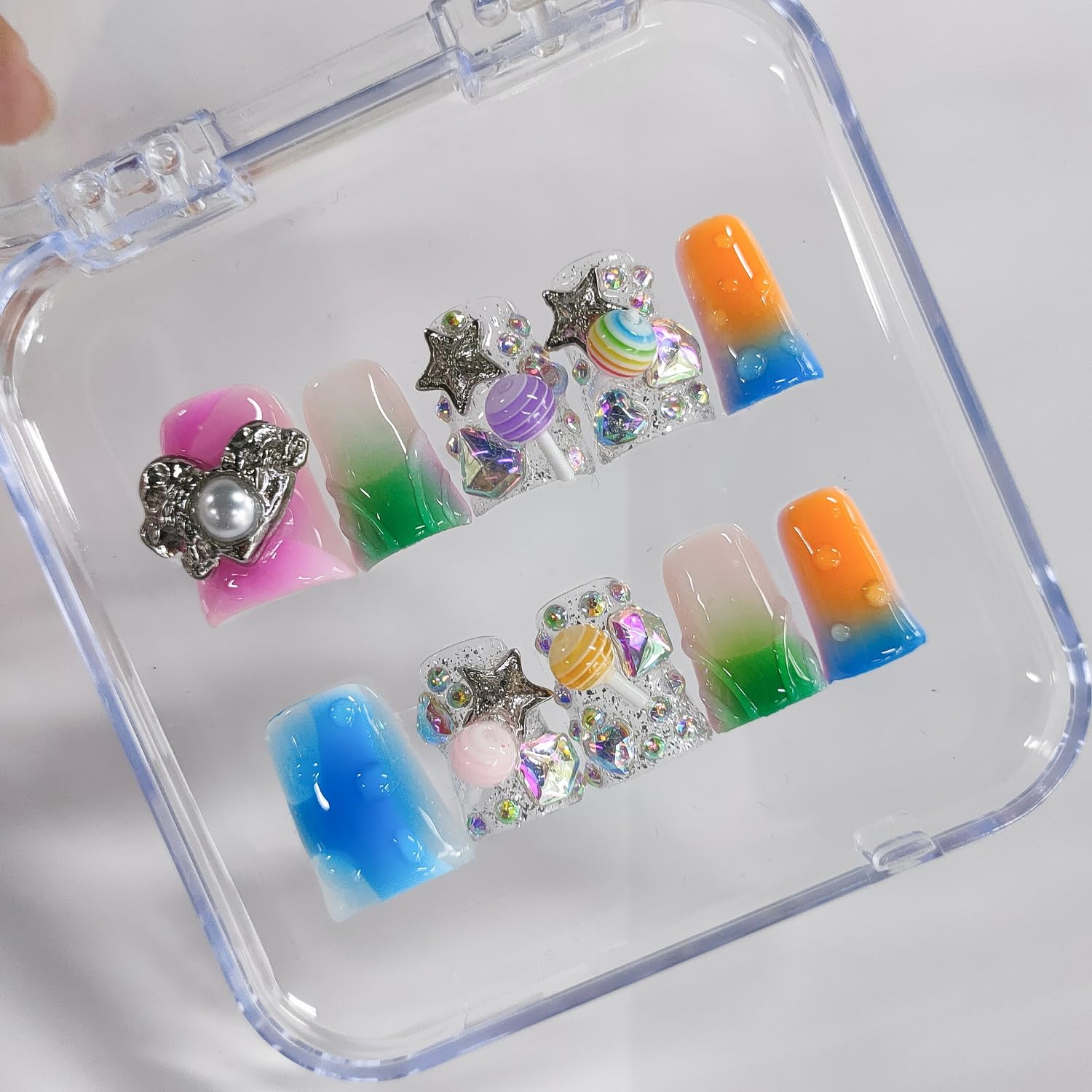 BRKYKGK Handmade Press On Nails – Short Duck 3D Design, French Tip, Candy Stars (10Pcs)