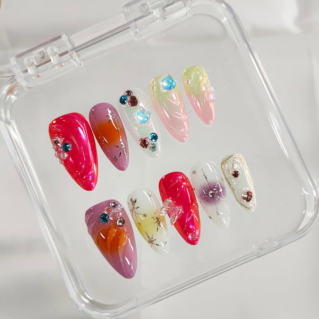 BRKYKGK Handmade Press on Nails – Almond Medium 3D Thick Acrylic with Butterfly Rhinestones (10 Pcs)
