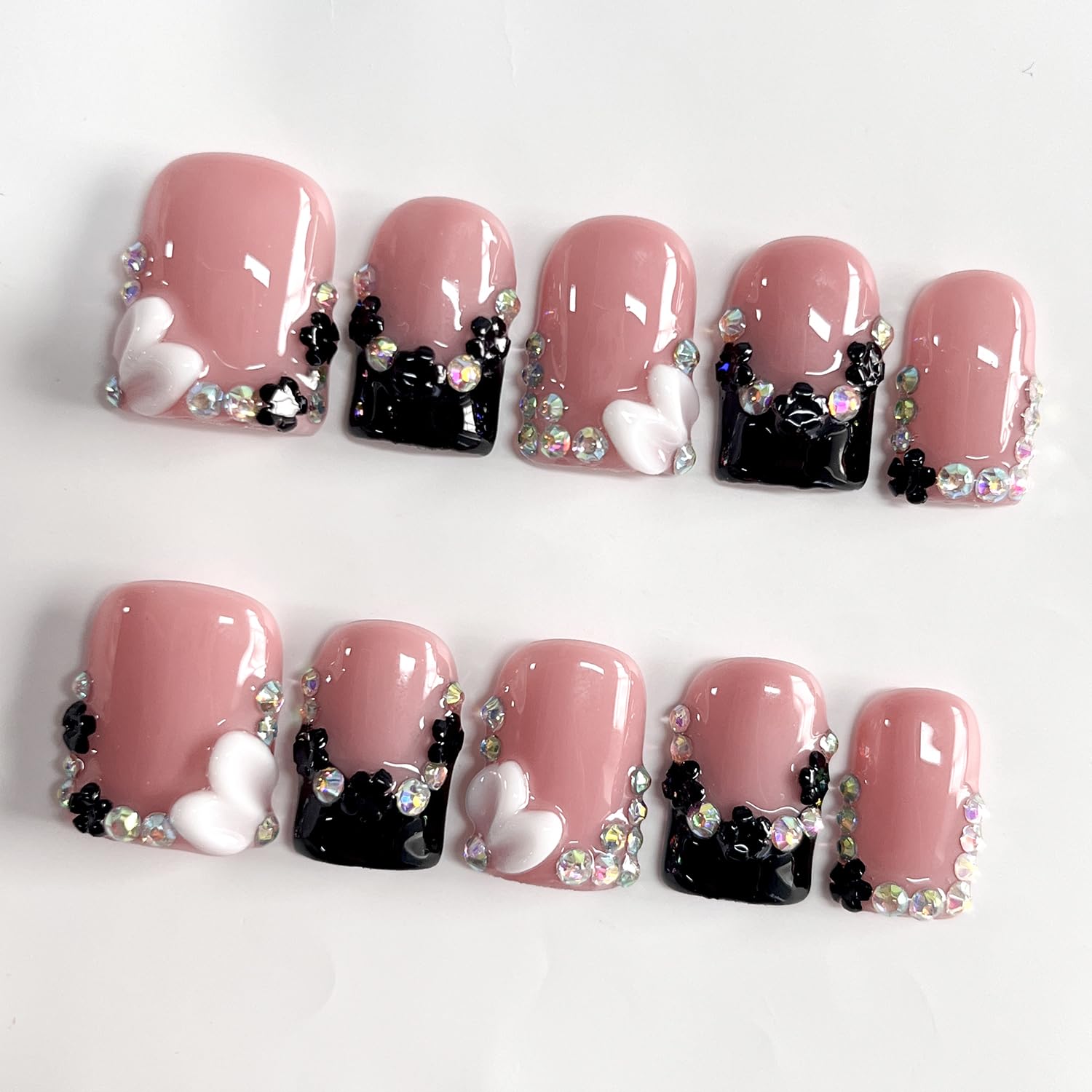 BRKYKGK Black French Tip Press-On Nails – Short Square 3D Floral Design, 10 Pcs (Size S)