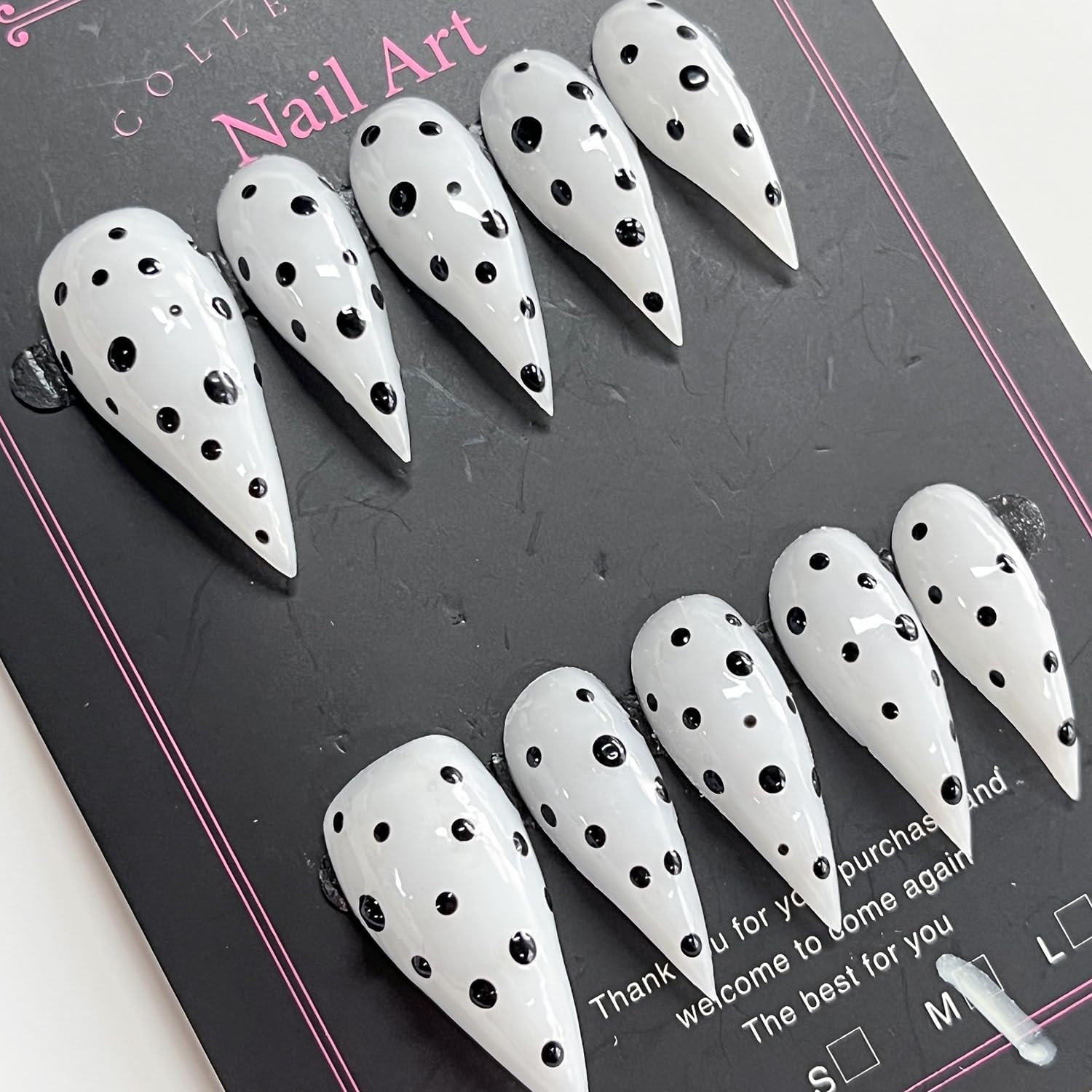 BRKYKGK Handmade Press On Nails – Medium Stiletto Eagle Claw, Black & White Polka Dots, Glossy Glue-On Nails (10 Pcs)