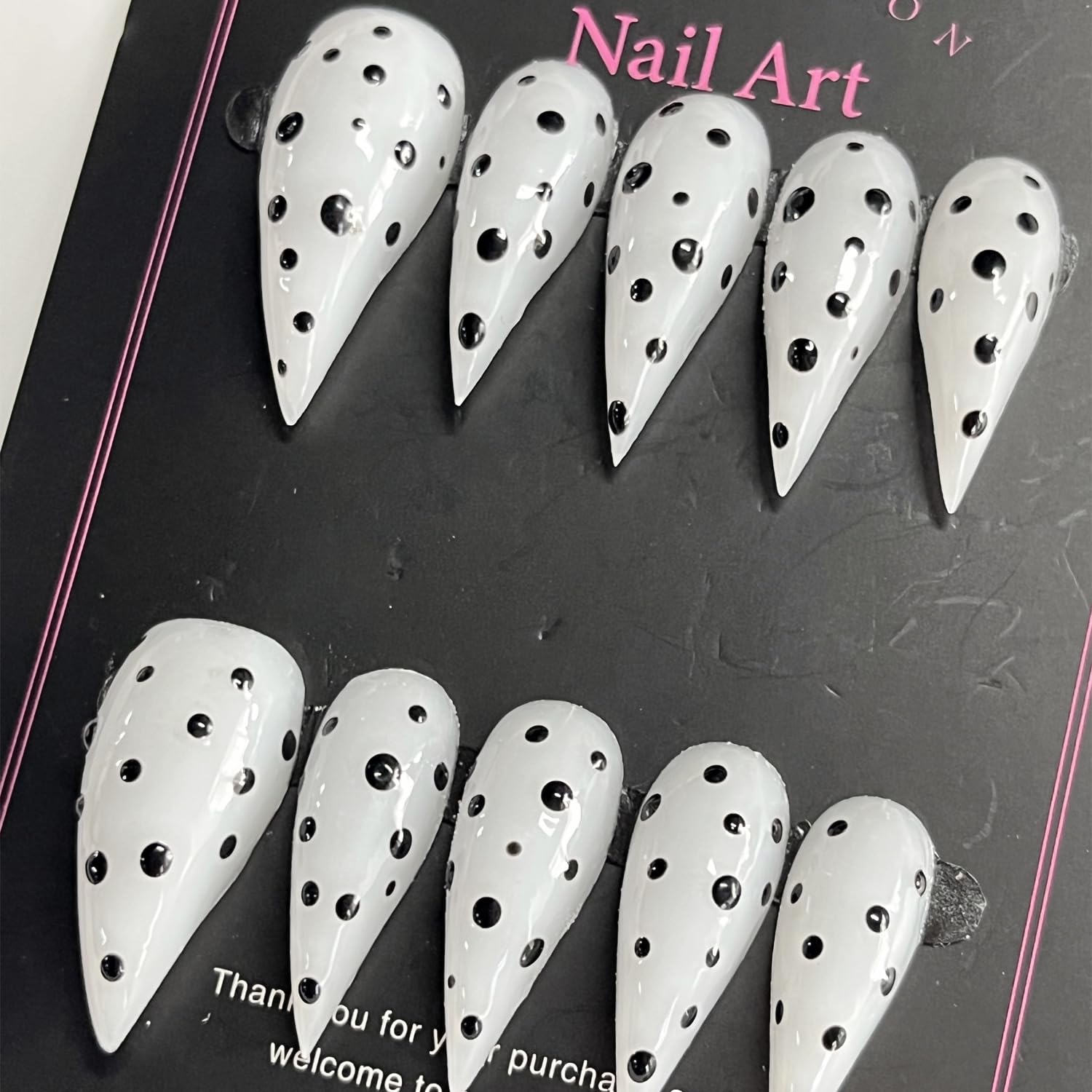 BRKYKGK Handmade Press On Nails – Medium Stiletto Eagle Claw, Black & White Polka Dots, Glossy Glue-On Nails (10 Pcs)