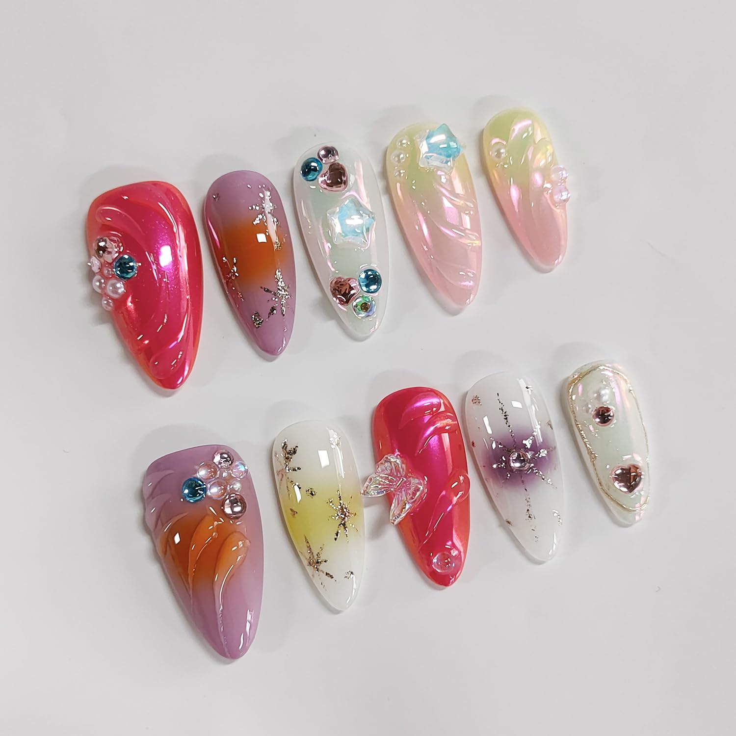 BRKYKGK Handmade Press on Nails – Almond Medium 3D Thick Acrylic with Butterfly Rhinestones (10 Pcs)