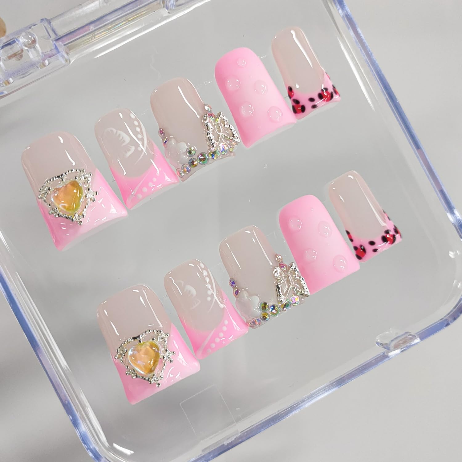 BRKYKGK Handmade Press On Nails – Short Duck 3D Floral French Tip with Hibiscus Rhinestones (10 Pcs)