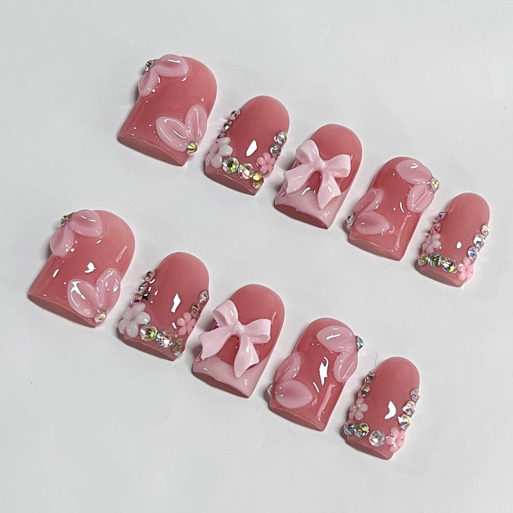 BRKYKGK French Tip Press-On Nails | Short Square 3D Pink Nail Set with Bow & Rhinestones (10 Pcs)