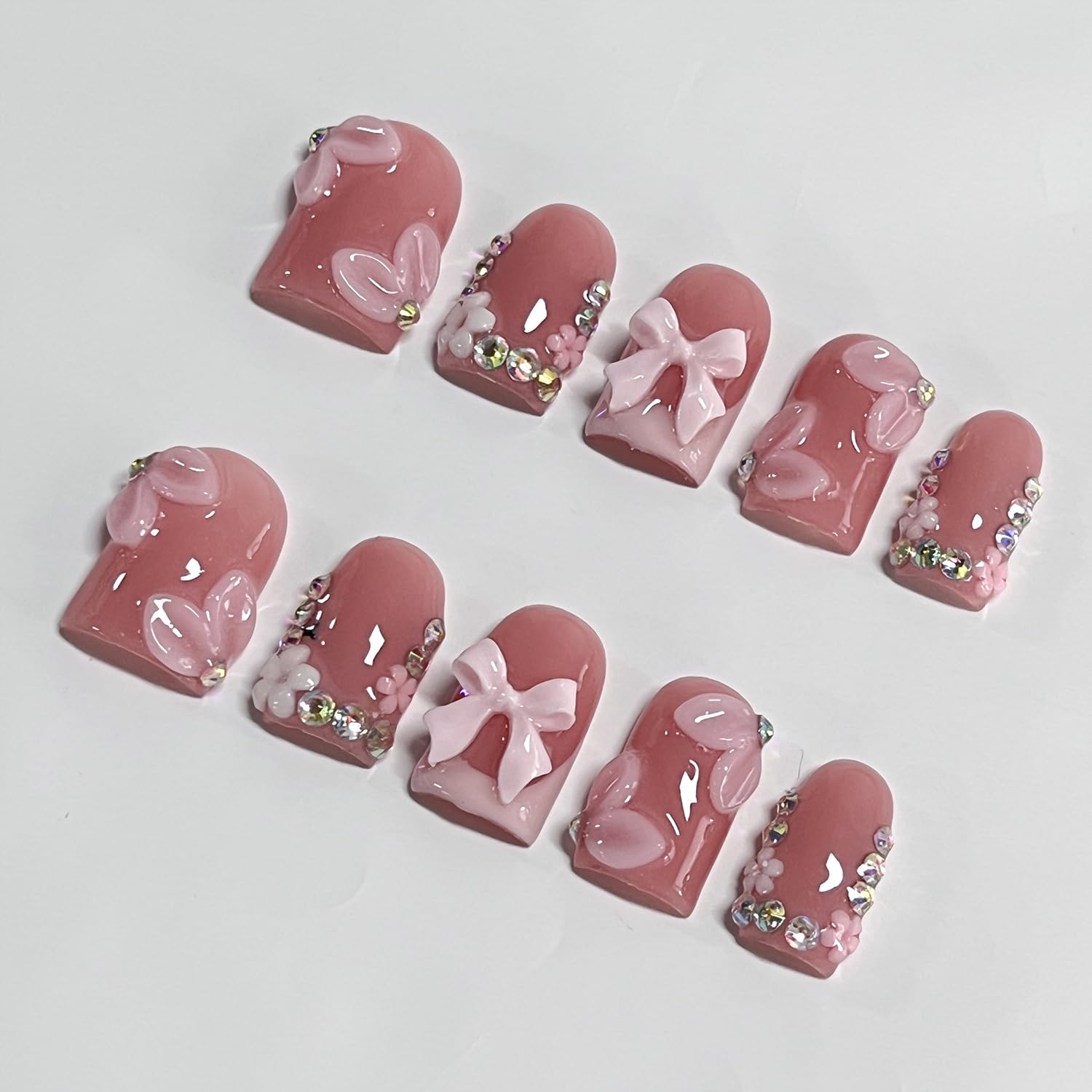 BRKYKGK French Tip Press-On Nails | Short Square 3D Pink Nail Set with Bow & Rhinestones (10 Pcs)