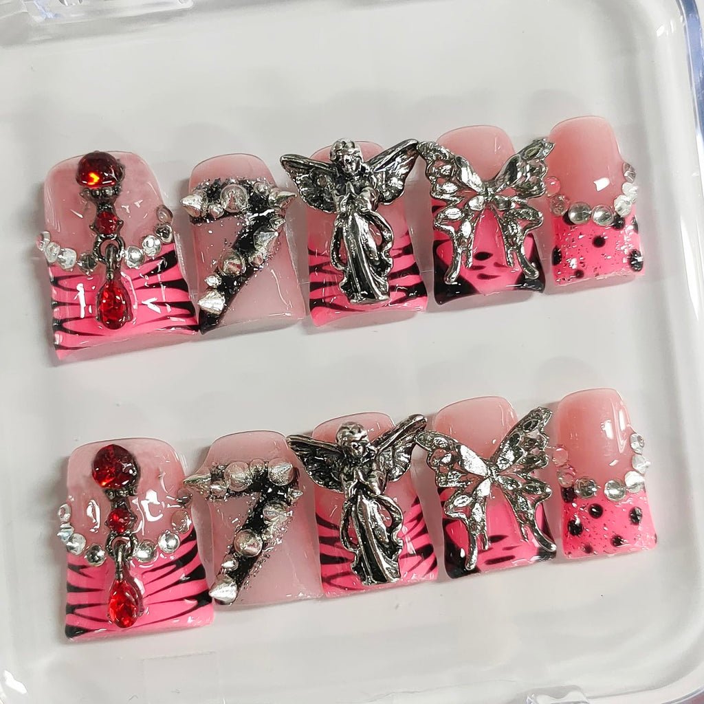 BRKYKGK Handmade Short Duck Press-On Nails | 3D Gothic Acrylic Nails with Pink French Tip, Spikes & Rhinestones