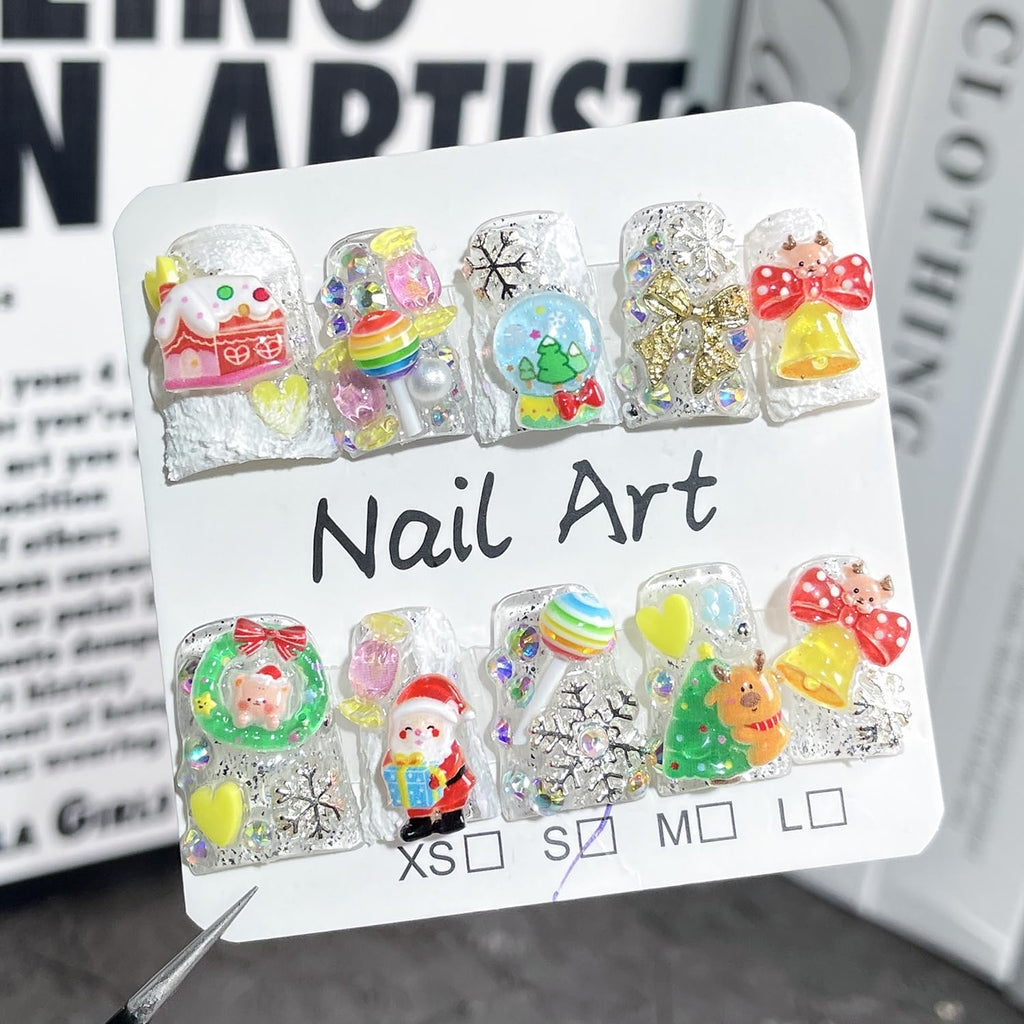 BRKYKGK Christmas Press-On Nails – Short Duck Design with Bow Santa Charms (10 Pcs)