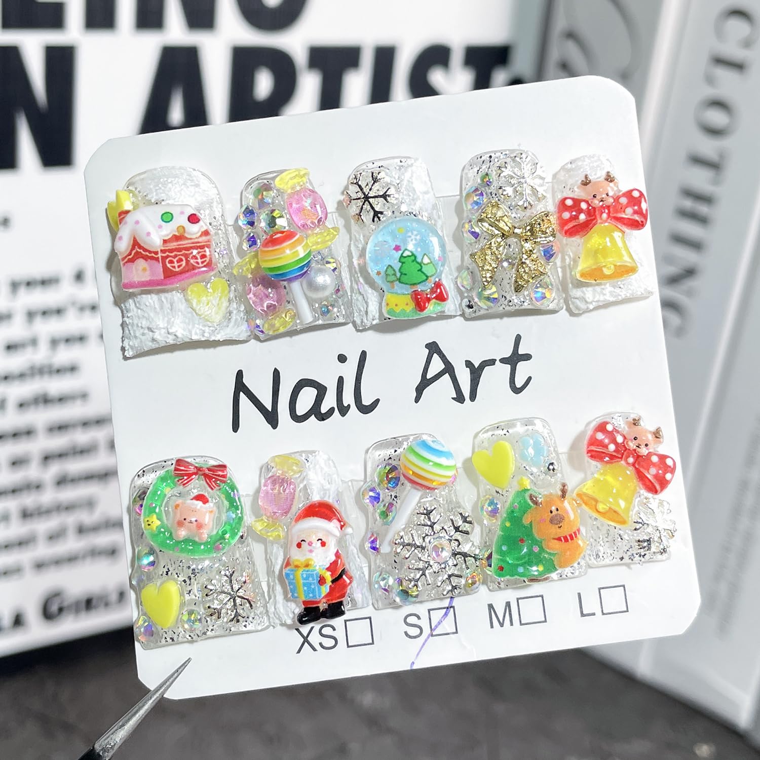 BRKYKGK Christmas Press-On Nails – Short Duck Design with Bow Santa Charms (10 Pcs)