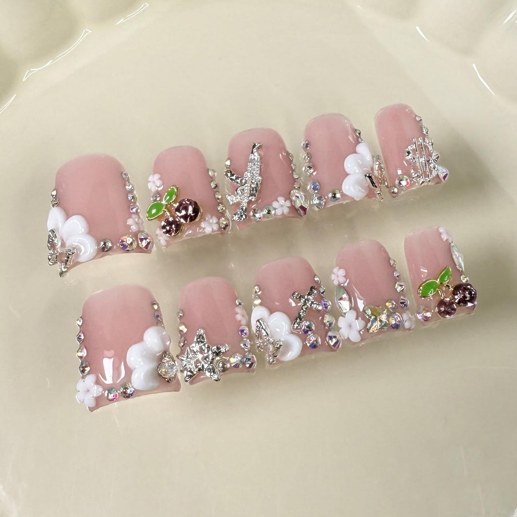 BRKYKGK Handmade Press On Nails – Short Duck 3D Floral, White French Tip, Nude Pink (10 Pcs)