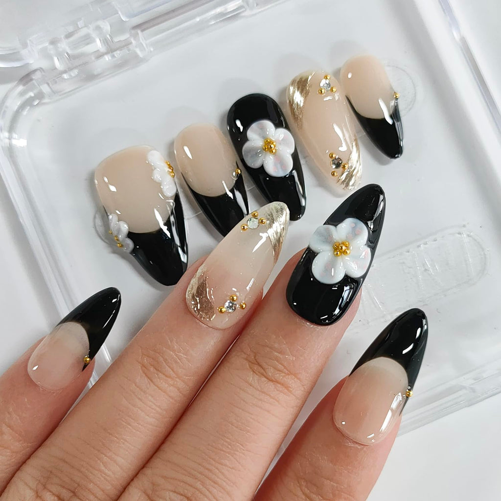 BRKYKGK Handmade Almond Medium Press on Nails - 3D Floral French Tip Kit (10 Pcs)