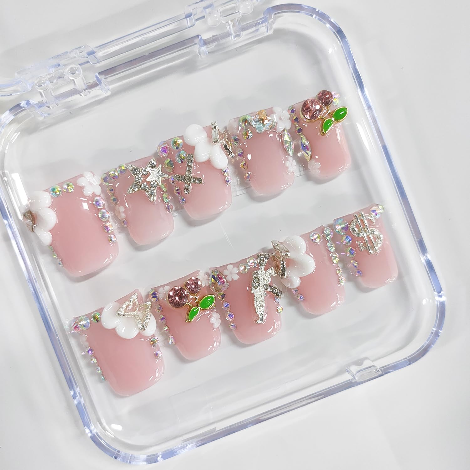 BRKYKGK Handmade Press On Nails – Short Duck 3D Floral, White French Tip, Nude Pink (10 Pcs)