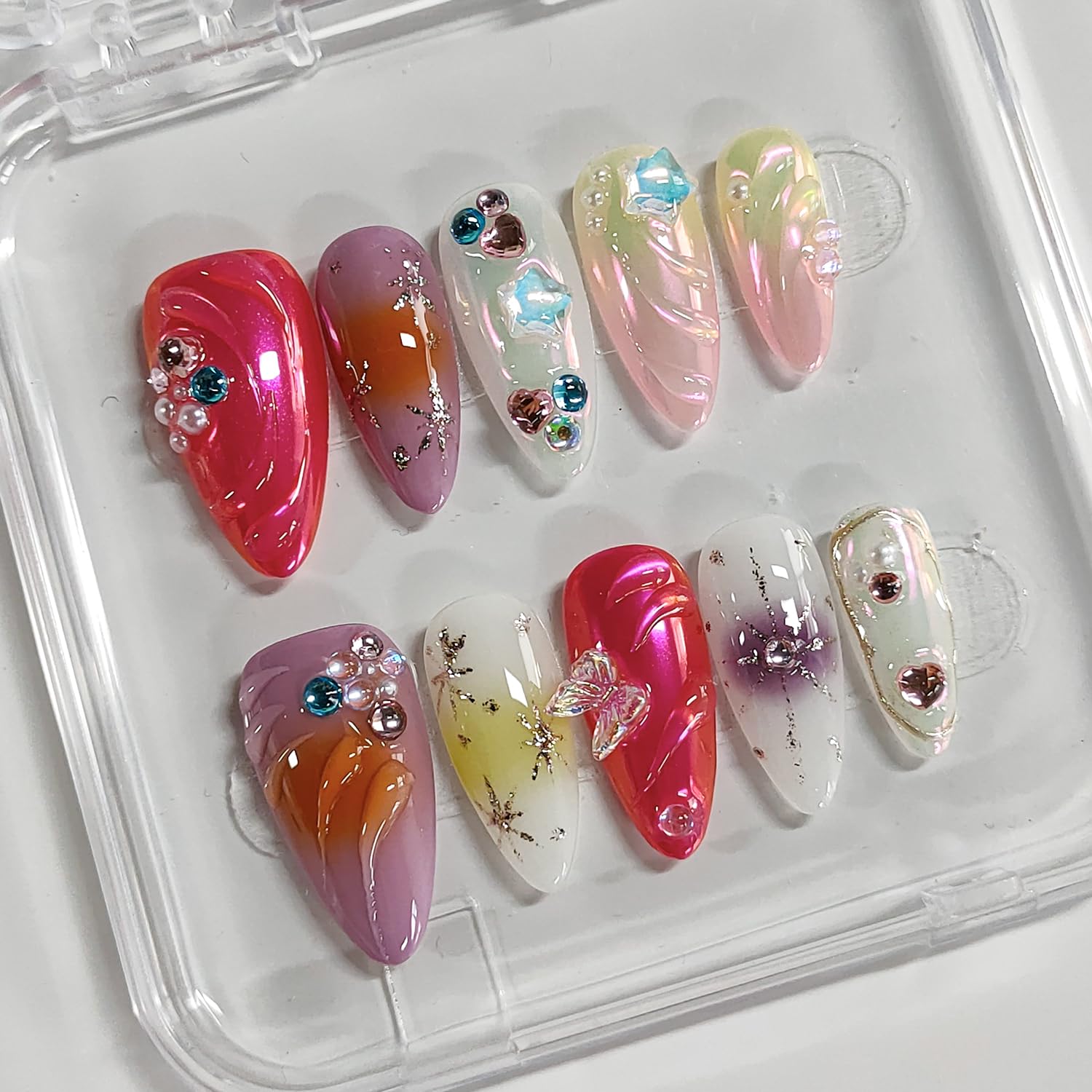 BRKYKGK Handmade Press on Nails – Almond Medium 3D Thick Acrylic with Butterfly Rhinestones (10 Pcs)