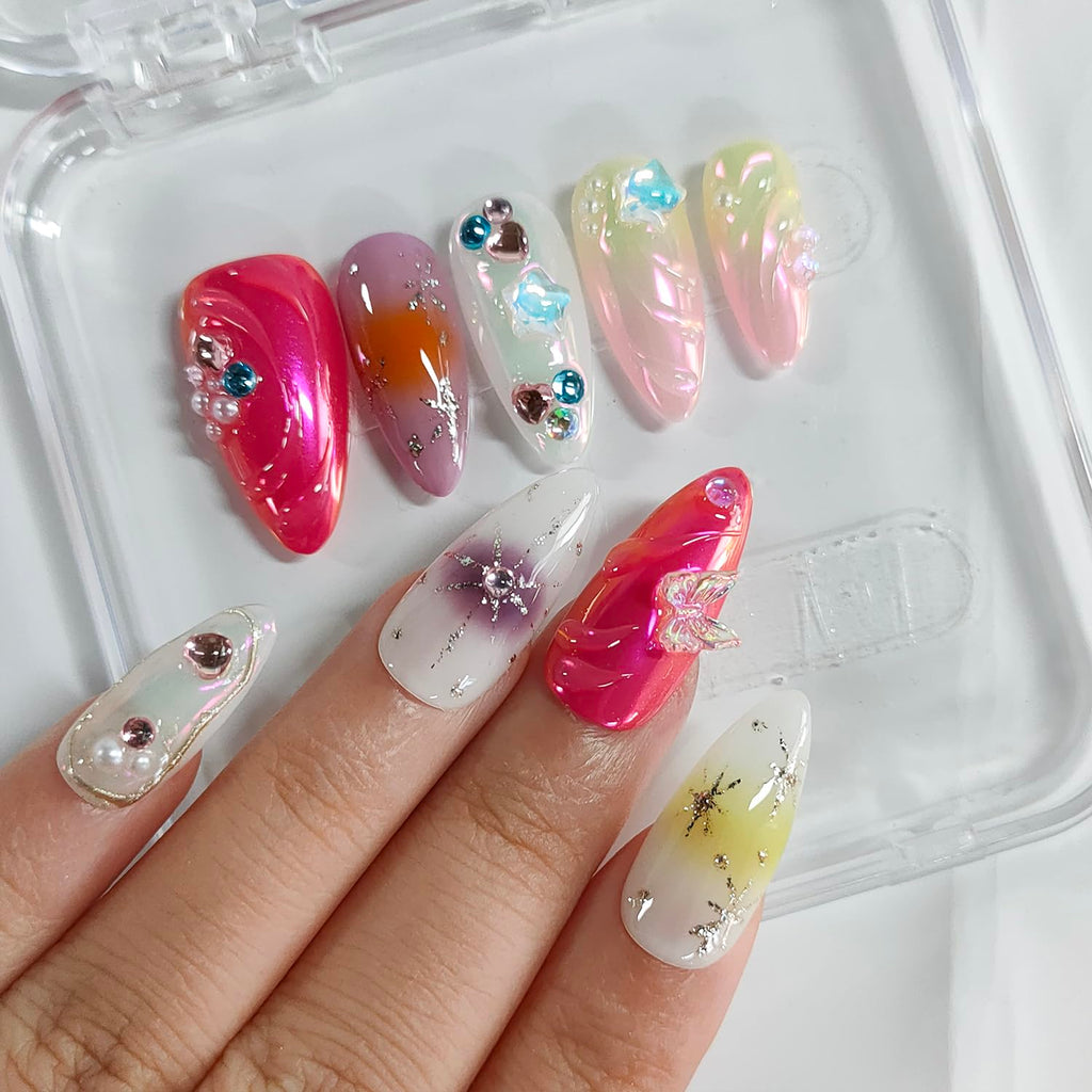 BRKYKGK Handmade Press on Nails – Almond Medium 3D Thick Acrylic with Butterfly Rhinestones (10 Pcs)