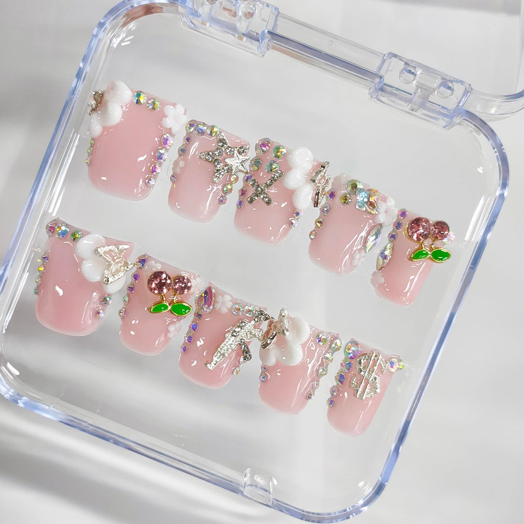 BRKYKGK Handmade Press On Nails – Short Duck 3D Floral, White French Tip, Nude Pink (10 Pcs)