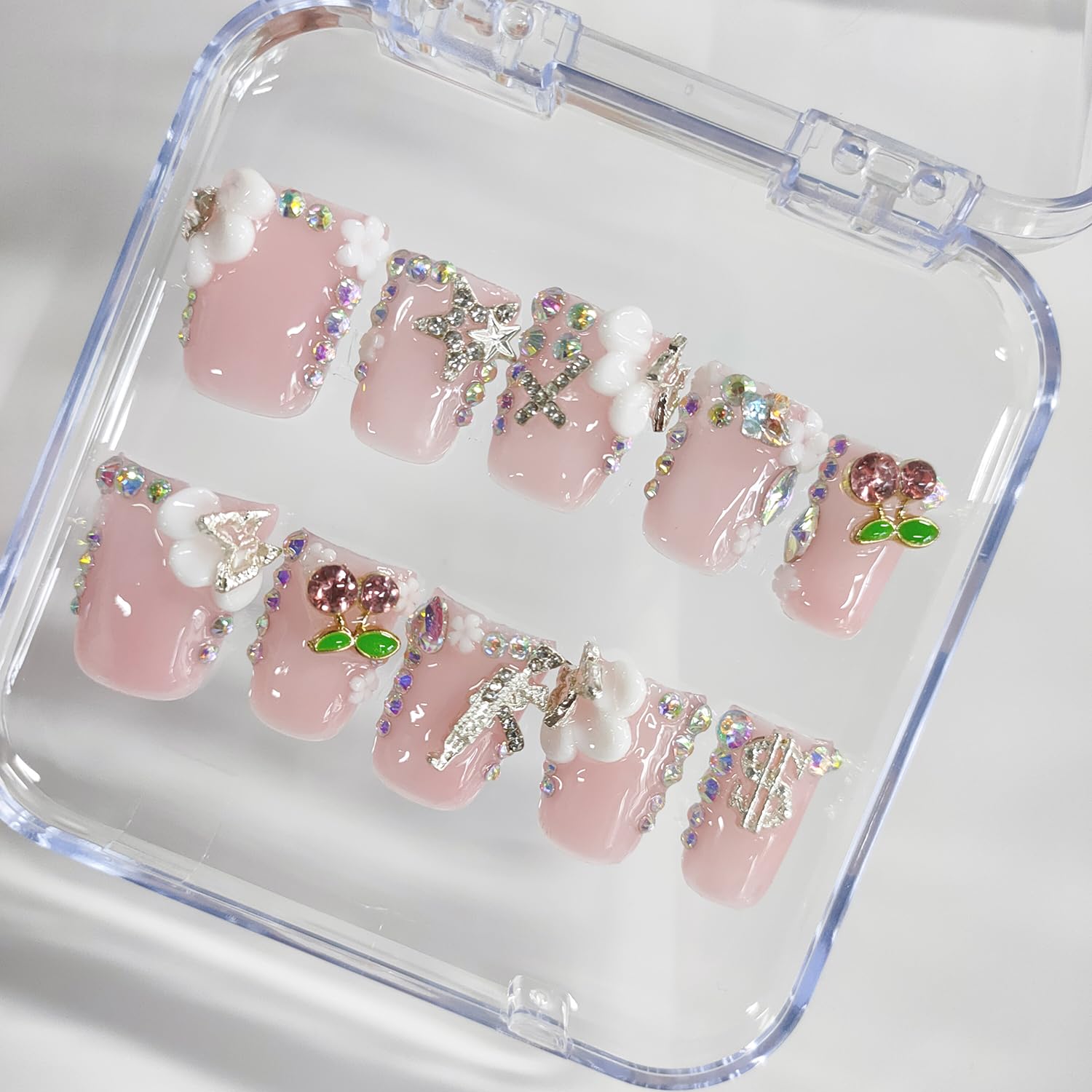 BRKYKGK Handmade Press On Nails – Short Duck 3D Floral, White French Tip, Nude Pink (10 Pcs)
