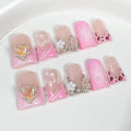 BRKYKGK Handmade Press On Nails – Short Duck 3D Floral French Tip with Hibiscus Rhinestones (10 Pcs)
