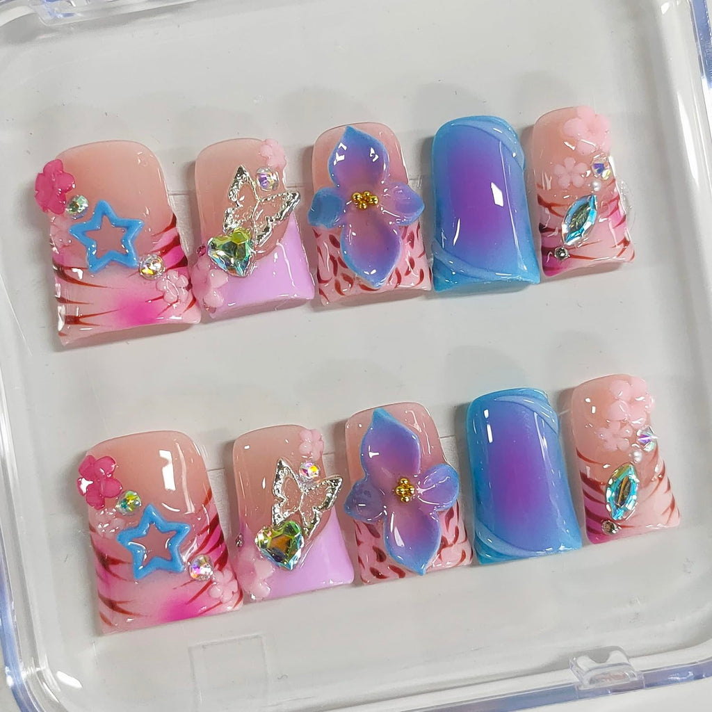 BRKYKGK Handmade Press-On Nails - Short Duck 3D Floral Thick Acrylic French Tip (Leopard, Butterfly, Stars) 10 Pcs