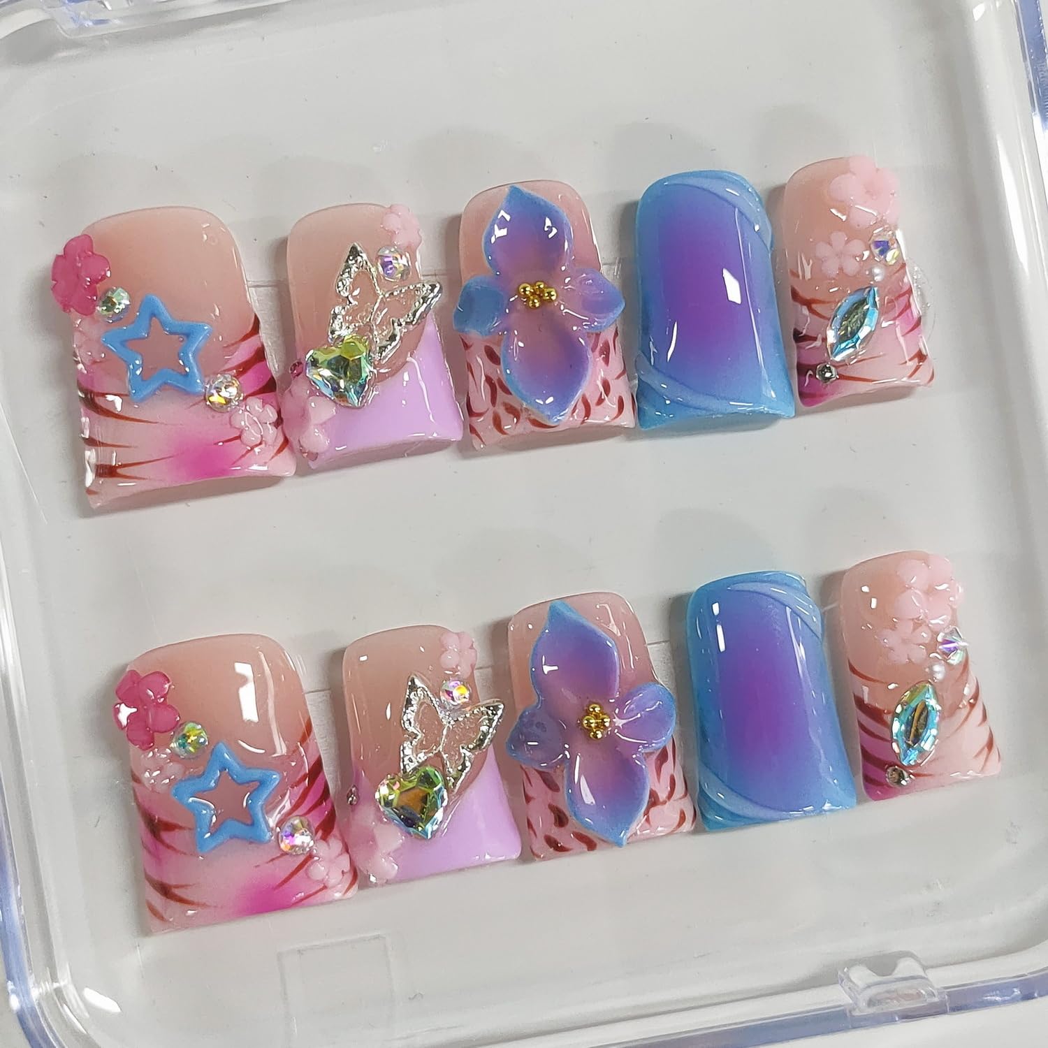 BRKYKGK Handmade Press-On Nails - Short Duck 3D Floral Thick Acrylic French Tip (Leopard, Butterfly, Stars) 10 Pcs