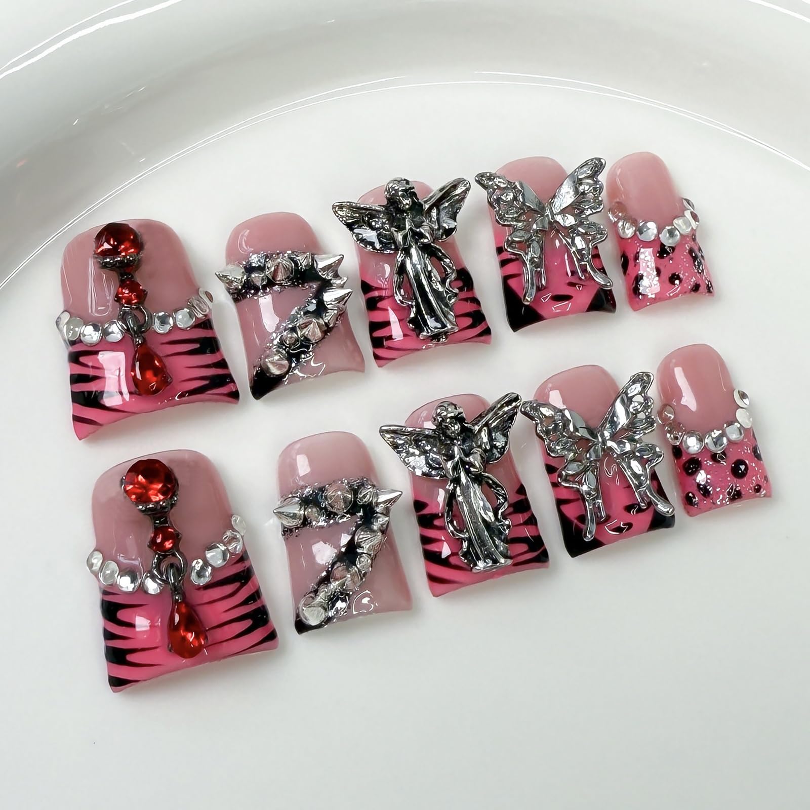 BRKYKGK Handmade Short Duck Press-On Nails | 3D Gothic Acrylic Nails with Pink French Tip, Spikes & Rhinestones
