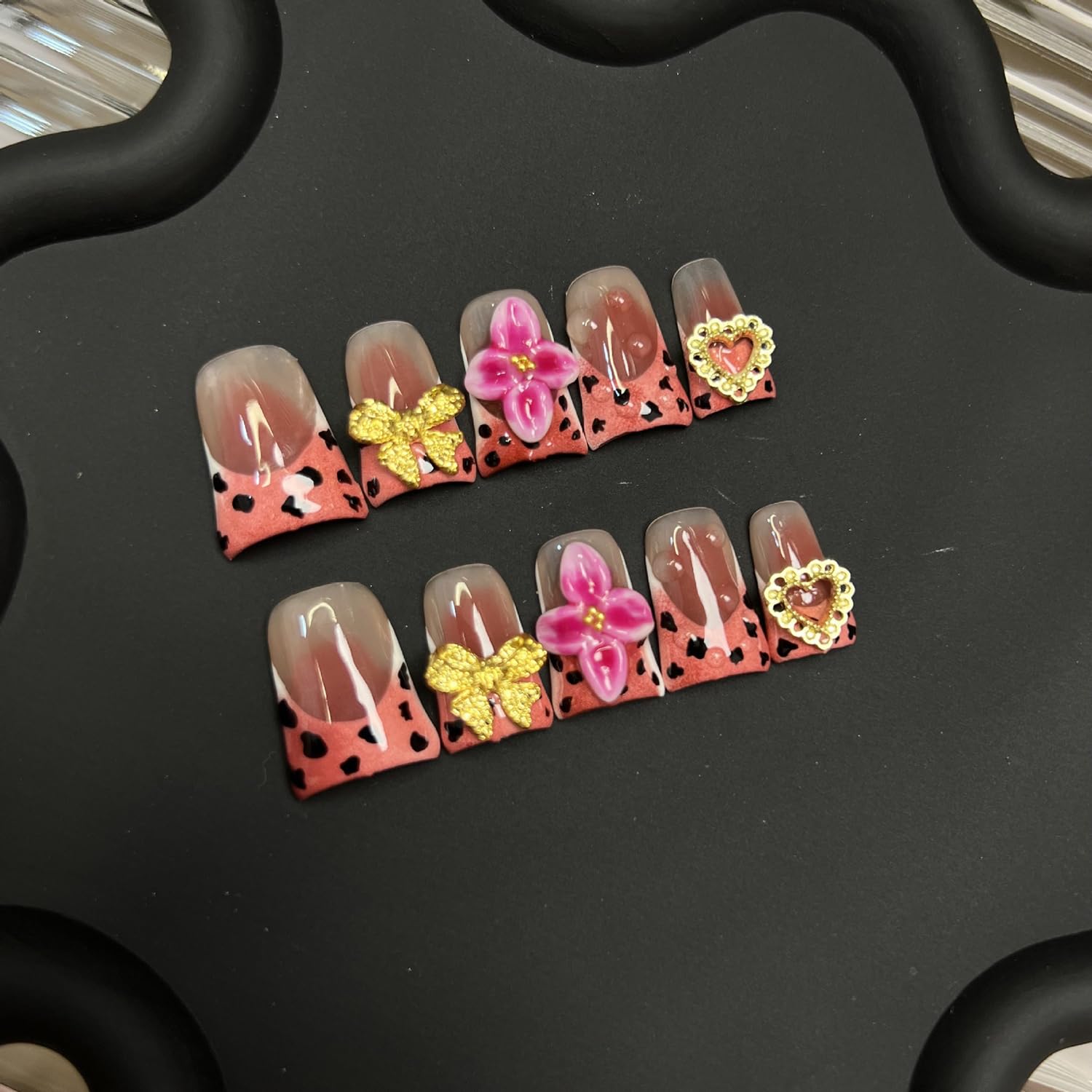 BRKYKGK Handmade Press On Nails – Short Duck Pink French Tip, 3D Floral & Leopard Print Bow Charms | 10 Pcs (M)
