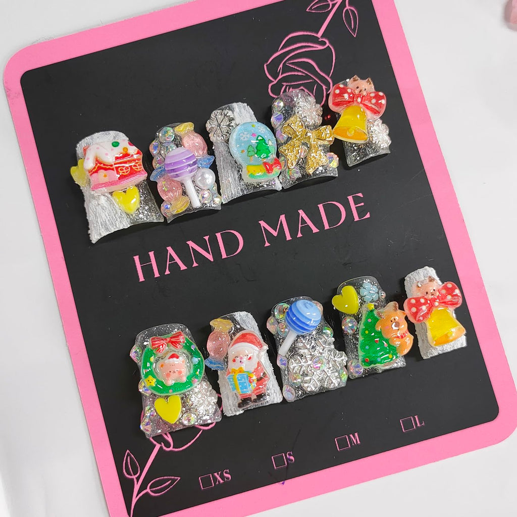 BRKYKGK Christmas Press-On Nails – Short Duck Design with Bow Santa Charms (10 Pcs)