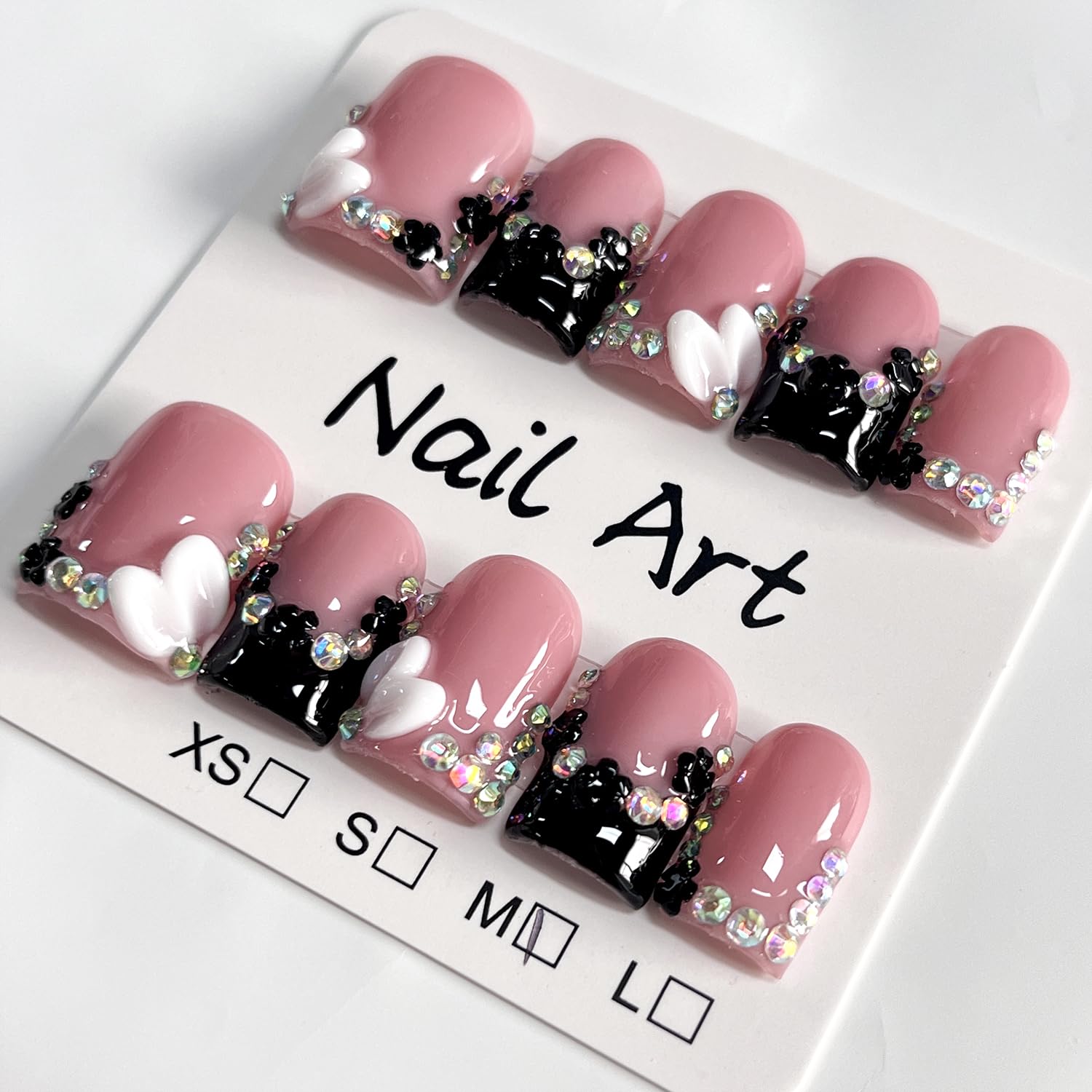 BRKYKGK Black French Tip Press-On Nails – Short Square 3D Floral Design, 10 Pcs (Size S)