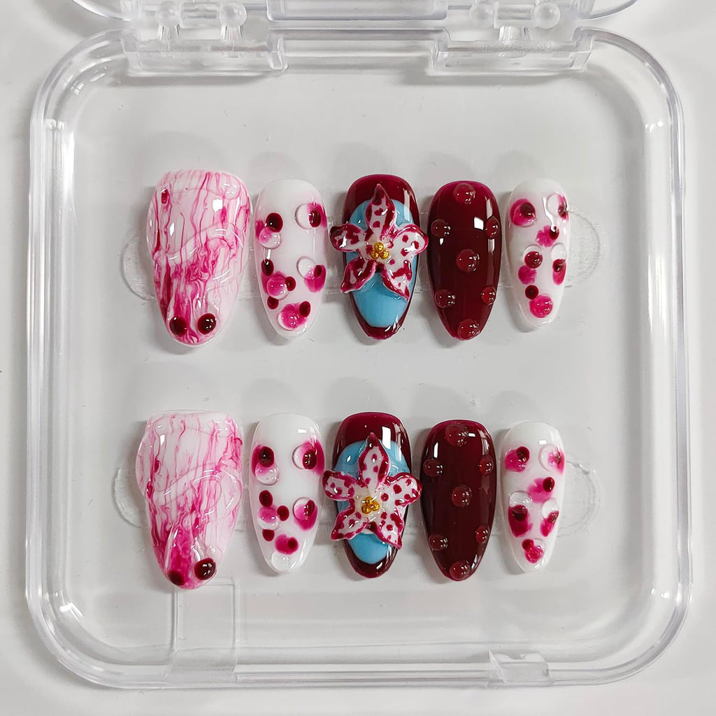 BRKYKGK Handmade Press on Nails Almond Medium – 3D Floral Thick Acrylic False Nails Kit (10 Pcs)
