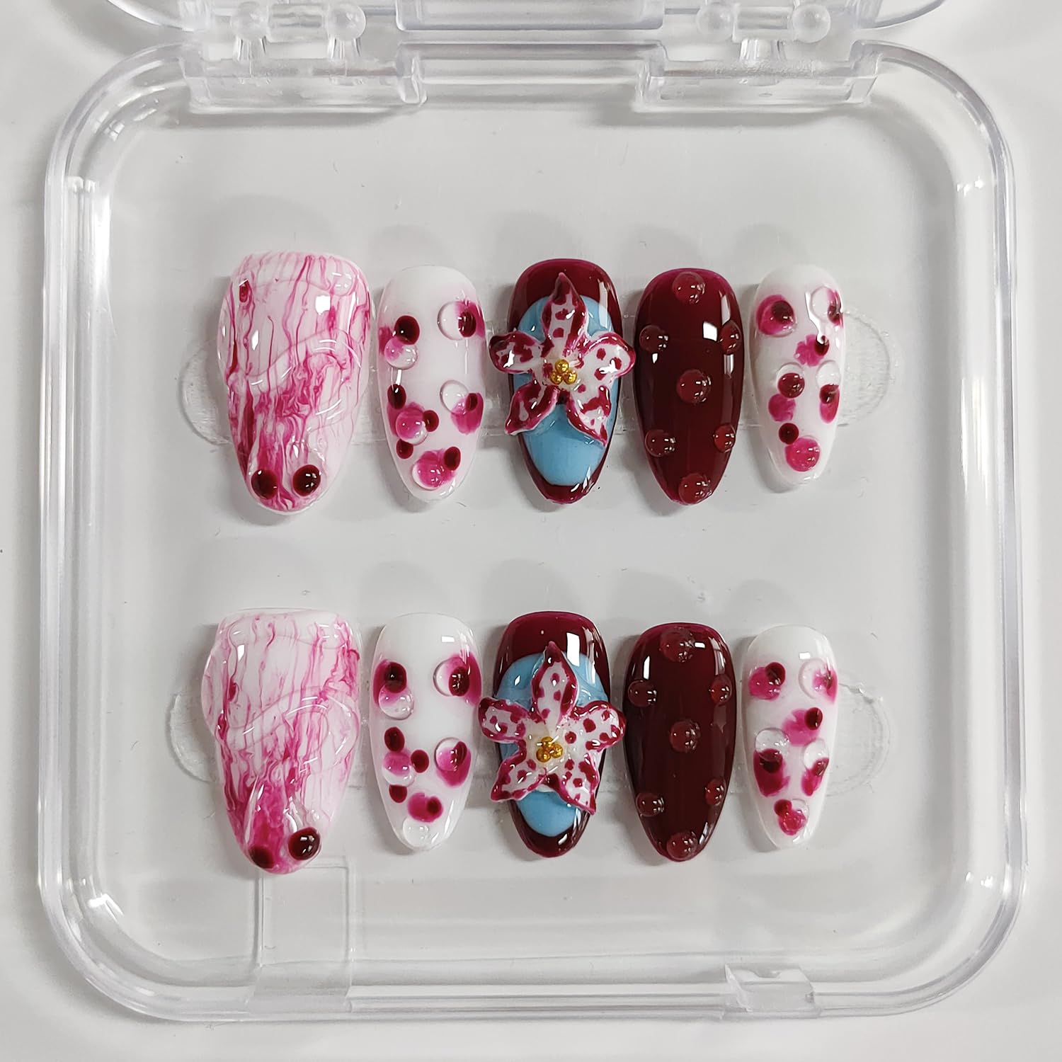 BRKYKGK Handmade Press on Nails Almond Medium – 3D Floral Thick Acrylic False Nails Kit (10 Pcs)