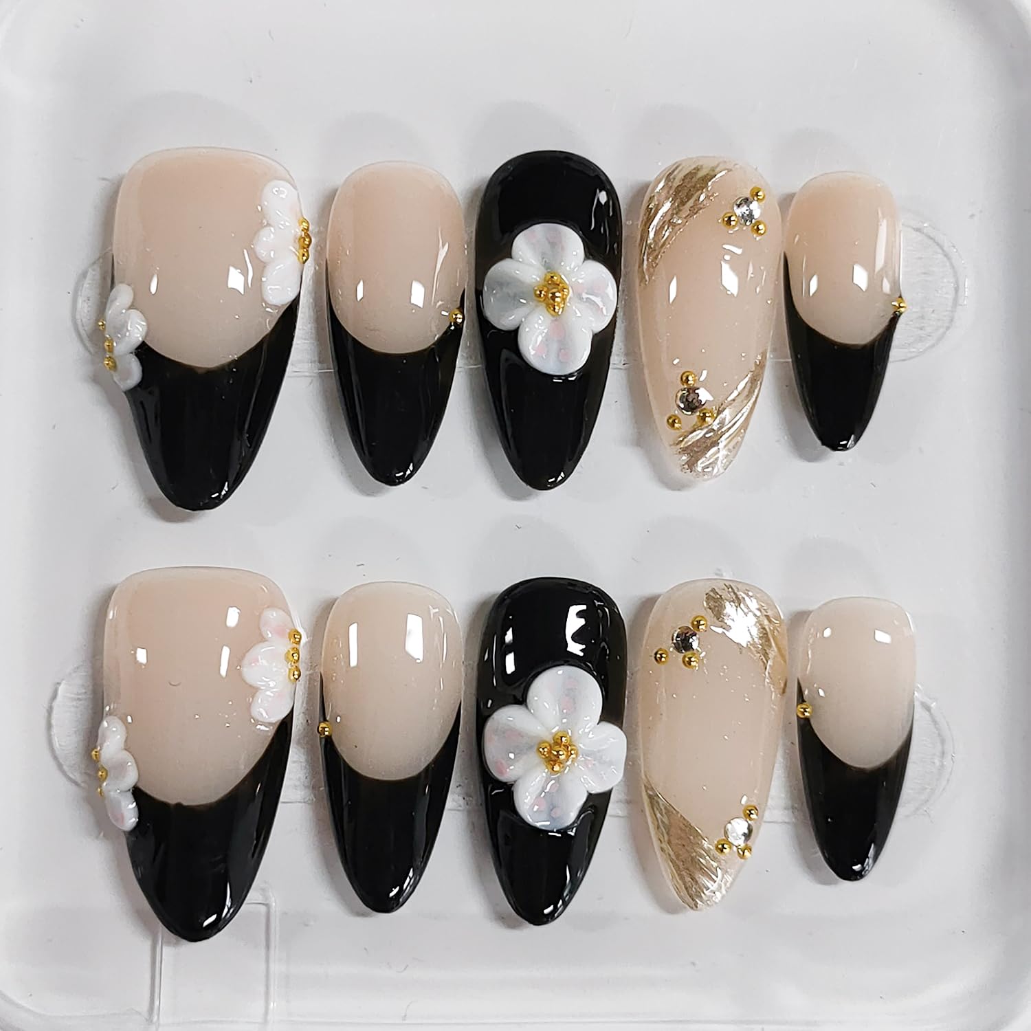 BRKYKGK Handmade Almond Medium Press on Nails - 3D Floral French Tip Kit (10 Pcs)