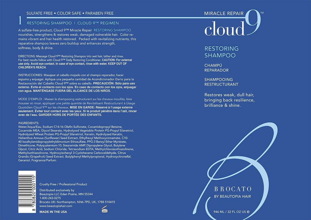 Brocato Cloud 9 Restoring Shampoo, 32 Fl Oz – Miracle Repair, Hydration & Shine