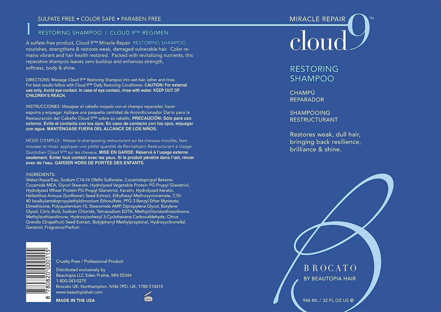 Brocato Cloud 9 Restoring Shampoo, 32 Fl Oz – Miracle Repair, Hydration & Shine